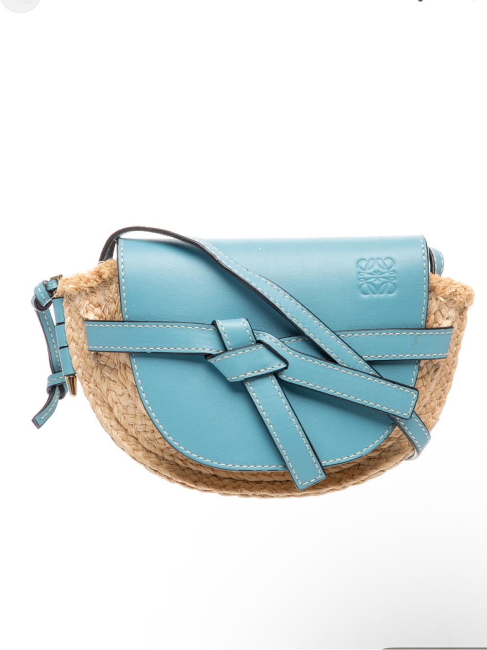 Loewe Gate Mini Crossbody Bag Turquoise Blue Leather & Woven Straw Raffia
